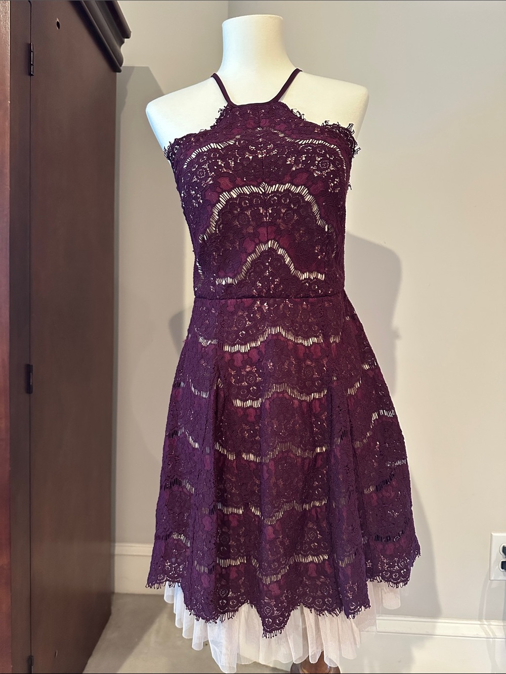 Francesca’s Plum Lace Halter Mini Dress